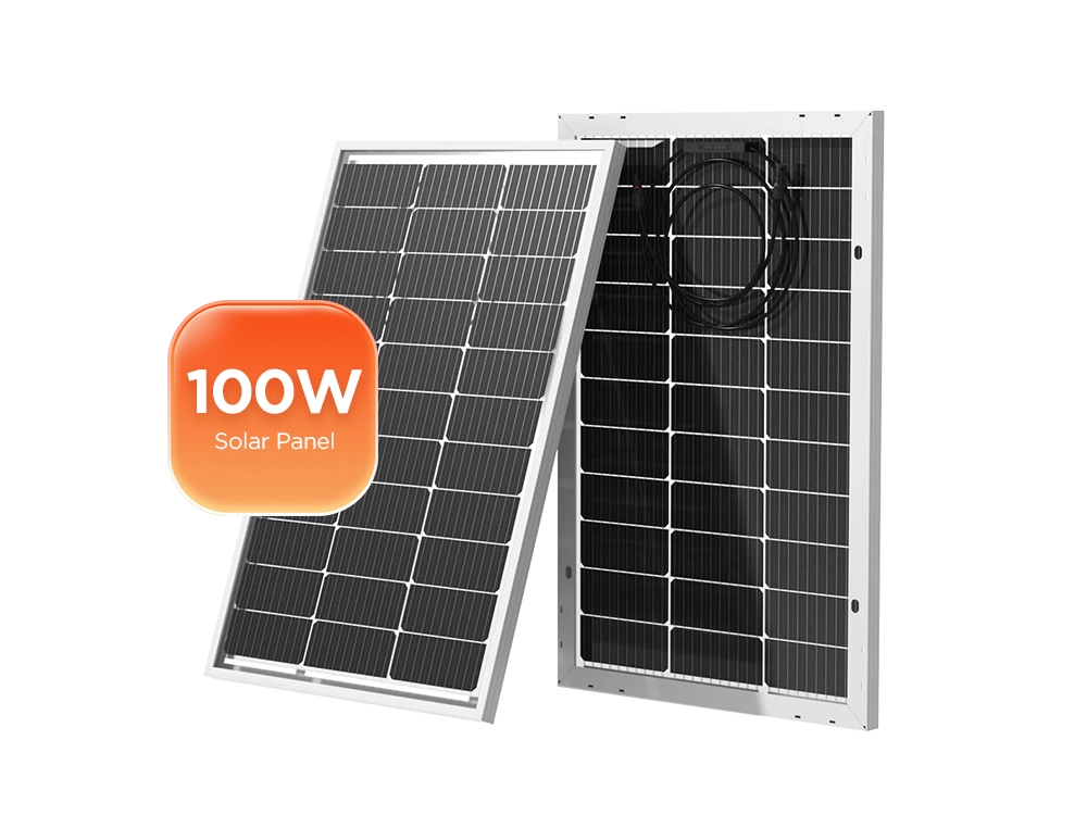 100W solar panel front view - monocrystalline module for 12V battery charging, RV, boat, and off-grid applications
